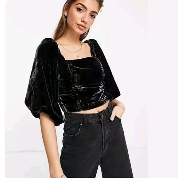 SOLD | Free People | Black Velvet Puff Sleeve Top - Picture 2 of 8
